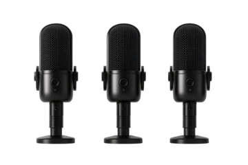 Triple microphone setup for professional audio, cut out transparent