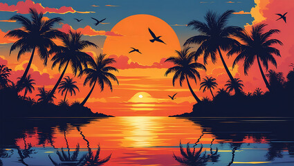Obraz premium Tropical Sunset Paradise Island Escape at Golden Hour.