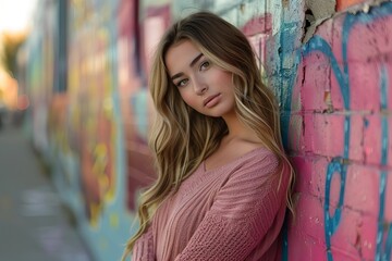 Naklejka premium Empowered Woman Poses Before Vibrant Graffiti Wall, Embodying Self-Expression