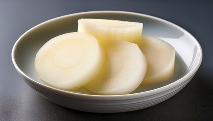 Elegant Radish Rounds: A minimalist presentation showcases perfectly sliced radish rounds, arranged artfully in a shallow, ceramic bowl, highlighting their crisp, refreshing appeal. 