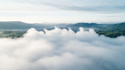 Fototapeta premium Misty mountain valley, aerial view. Dense fog blankets a valley nestled between rolling hills, with green forest visible through the clouds. Soft sunlight filters through the mist