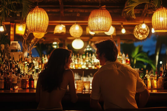 Couple sitting at bar laughing, sharing drinks and enjoying a romantic evening together in dimly lit setting with cozy ambiance.