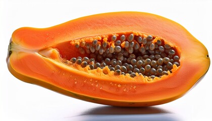 Papaya Slice: A vivid close-up of a freshly cut papaya, revealing its vibrant orange flesh and a multitude of small, dark seeds. The image exudes freshness and the natural beauty of tropical fruit.