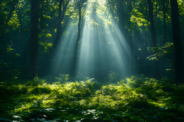 Fototapeta premium Forest Serenity: Sunlight streams through the canopy of a dense forest, illuminating the lush green undergrowth. The play of light and shadow creates a sense of mystery and tranquility.