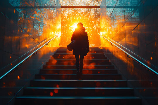 Ascending to the Light: A solitary figure ascends a grand staircase toward a radiant, otherworldly light, symbolizing hope, resilience, and the journey toward a brighter future.
