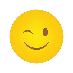Winking emoji face. Yellow smiley icon. Happy facial expression. Vector illustration.