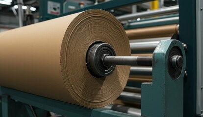 Industrial paper roll on machine in manufacturing facility. Focus on production processes and technology.