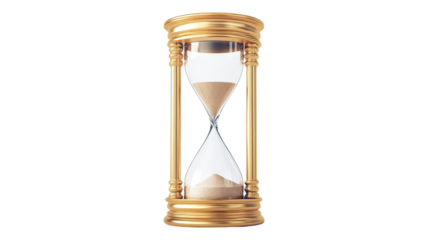 Golden hourglass with sand inside on black background, cut out transparent