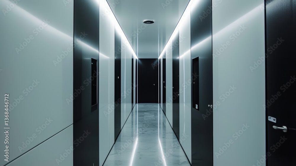 Poster Sleek Monochrome Corridor with Modern Illumination Architectural Design and Geometric Visual Perspective Elegant Atmosphere and Clean Composition