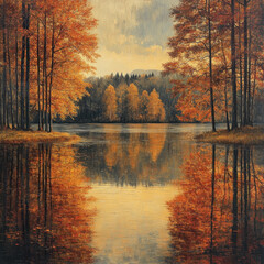Vibrant orange leaves contrast against serene blue waters, framed by tall trees in a captivating painting.