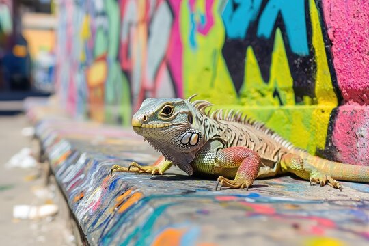 Urban Lizard amidst Graffiti Art: A vibrant depiction of an iguana basking in the sun against a backdrop of colorful graffiti, revealing a unique contrast of nature and urban culture.