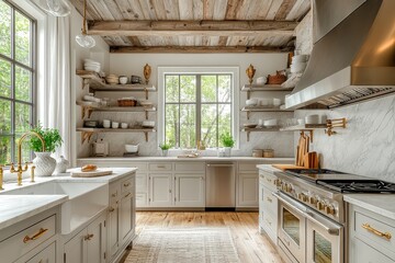 
Modern kitchen with light gray cabinets, white marble backsplash, wooden ceiling, stainless steel appliances, and gold-accented floating shelves, featuring natural wood flooring and pendant lighting.