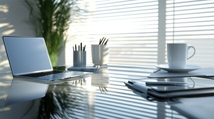 Laptop with coffee cup and office supplies in modern bright workspace ambient light setup for remote work