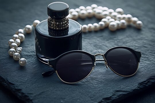 A dramatic setting of a dark perfume bottle, black sunglasses, and pearls on a moody, dark slate surface for a modern vibe.