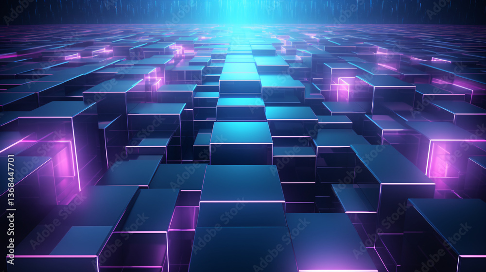 Poster A high-tech abstract background with low-light glowing purple tones, featuring a black grid and box elements.