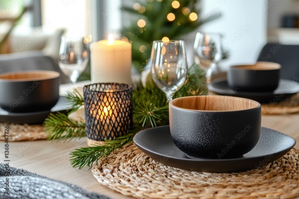 Aufkleber modern festive table setting with minimalist tableware and candlelight for a christmas celebration a