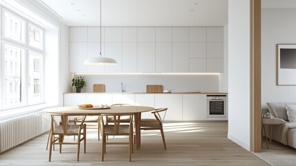 Fototapeta premium Bright modern kitchen with wood dining set in minimalist apartment for family living design style