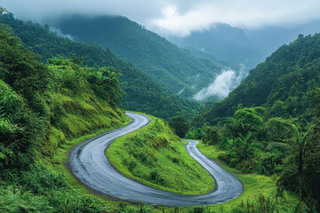 Winding road in Philippines mountains, verdant slopes, clear blue sky, lush vegetation.