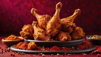 A dynamic arrangement of crispy fried chicken drumsticks appears to float against a deep red background.