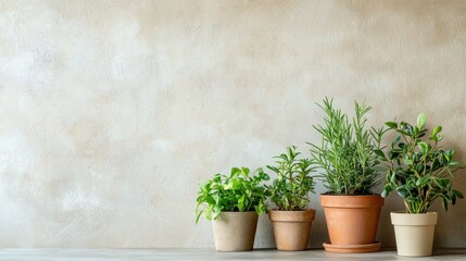 Fototapeta premium Potted Green Plants in Terracotta and Ceramic on Surface near a Textured Wall in Natural Light