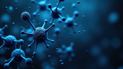 Obraz premium NAD+ molecule with structure highlighted by blue spheres and ribbons against a dark background, representing molecular interaction or supplement concept.