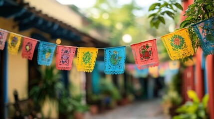 Decorating with Mexican flags An inviting image of decorating with Mexican flags, featuring colorful banners and flags strung across a room or outdoor space, creating a festive patriotic ambiance
