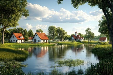 Obraz premium Serene countryside landscape with charming houses by a tranquil lake during clear daylight