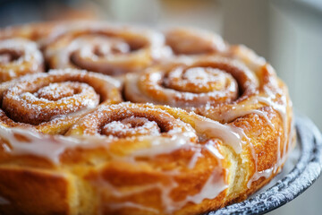 Close-up of a cinnamon bun on a plate, showcasing its warm, gooey center and golden crust, with a drizzle of icing melting over the top.