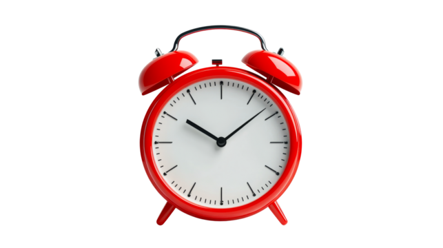Red alarm clock showing time on white face, timekeeping , cut out transparent
