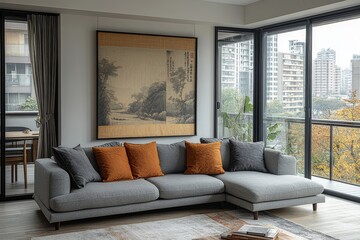 Modern apartment with grey sofa, Chinese hanging scroll, minimalist dining area, white walls, and simple art.