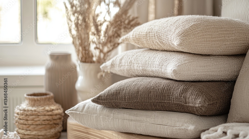Aufkleber cozy home ambience with stacked pillows and vase composition in beige neutral color palette