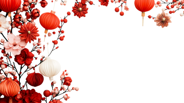 Festive red lanterns and flowers adorn black background, cut out transparent