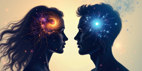 Human mind cosmic power. Mental state neural aura, astral galaxy space. Woman body self relax. Man soul vision, brain neuron inner energy. Mania mood idea, head health deep focus, person psyche peace