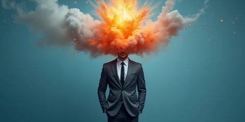Anger people in shock state. Work man rage. ADHD person mental boom, brain burst, stress load health break. Idea of human mind blown by chaos Bad memory worry, awe fire, crisis head pain, funny talent © raisondtre