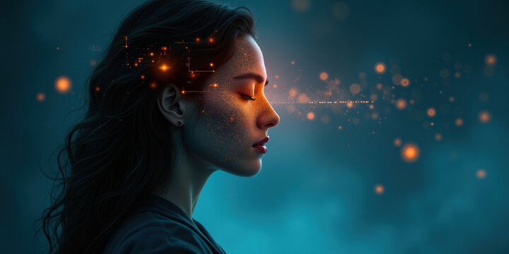 New modern era deep data AI power. Female mind genius global trend. Woman face future design, cyber tech smart tool, neural system ethics. Pixel head stream, human brain flow. Big matrix datum idea - Powered by Adobe