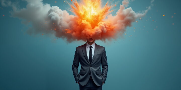 Anger people in shock state. Work man rage. ADHD person mental boom, brain burst, stress load health break. Idea of human mind blown by chaos Bad memory worry, awe fire, crisis head pain, funny talent
