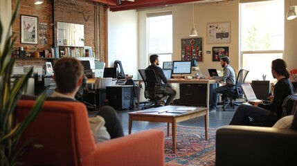 Fototapeta premium A startup office featuring motivated employees working together on new projects