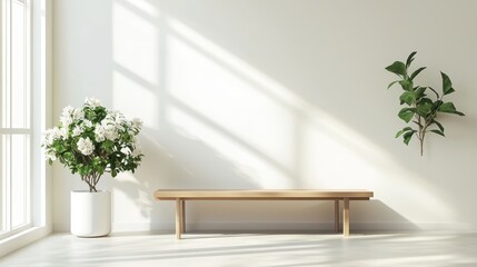 Fototapeta premium Serene Interior Decor White Blossoms Plants and Wooden Bench in Minimalist Room Sunny Ambiance Peaceful