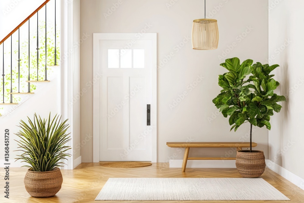 Poster bright entryway with natural light fiddle leaf fig tree bench and staircase inviting home ambiance