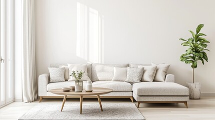 Fototapeta premium Light Modern Living Room Interior with Beige Sofa Throw Pillows and Decorative Items in a Minimalist Style
