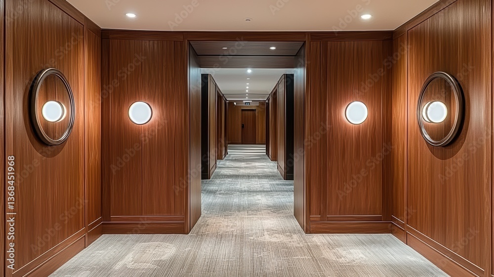 Poster interior hallway with wooden panel walls round lights and patterned carpet modern design perspective