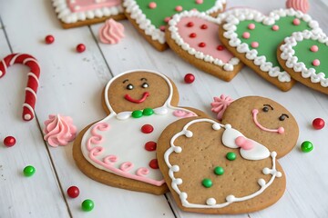 Festive gingerbread cookies decorated with colorful icing, including heart-shaped and gingerbread man designs.  
