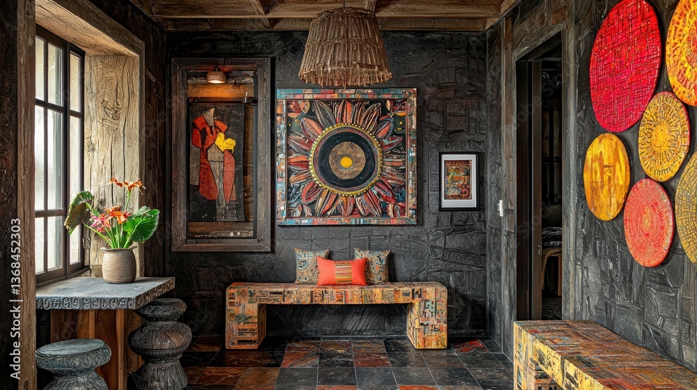 Poster rich textured interior with dark walls colorful art pieces and natural light warmth creates inviting