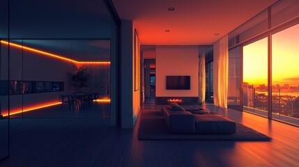 Fototapeta premium Serene evening glow illuminating luxurious urban apartment with panoramic city view at sunset
