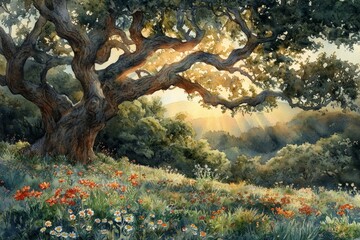 Sunlight Over a Meadows Edge, Sunshine filtering through trees