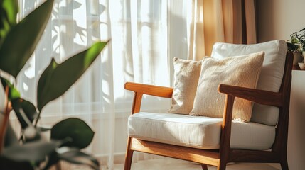 Cozy linen armchair in a bright room with daylight and plants in soft focus evoking peaceful and serene atmosphere