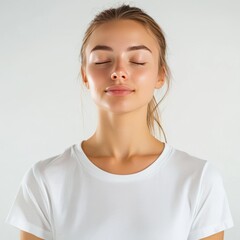 woman in white t-shirt taking a deep breath

