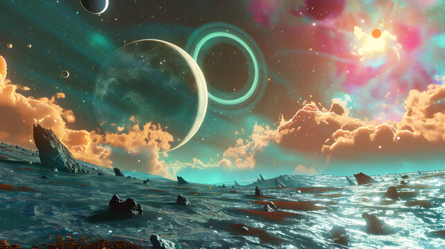A Mesmerizing View of the Aqua-Themed Planet ZX Amidst an Array of Celestial Wonders