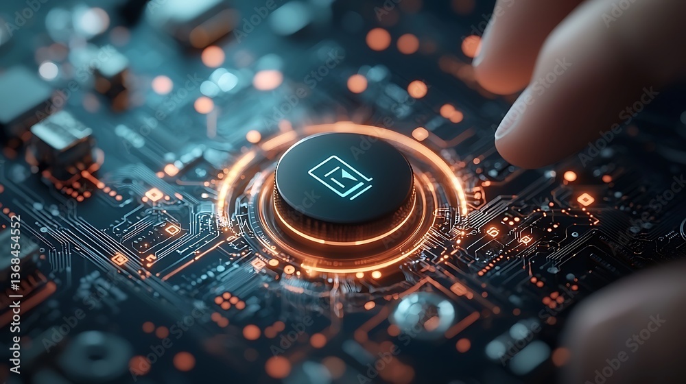 Poster Fingertip on glowing digital button futuristic interface