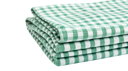 Stack of green checkered napkins on black background, cut out transparent